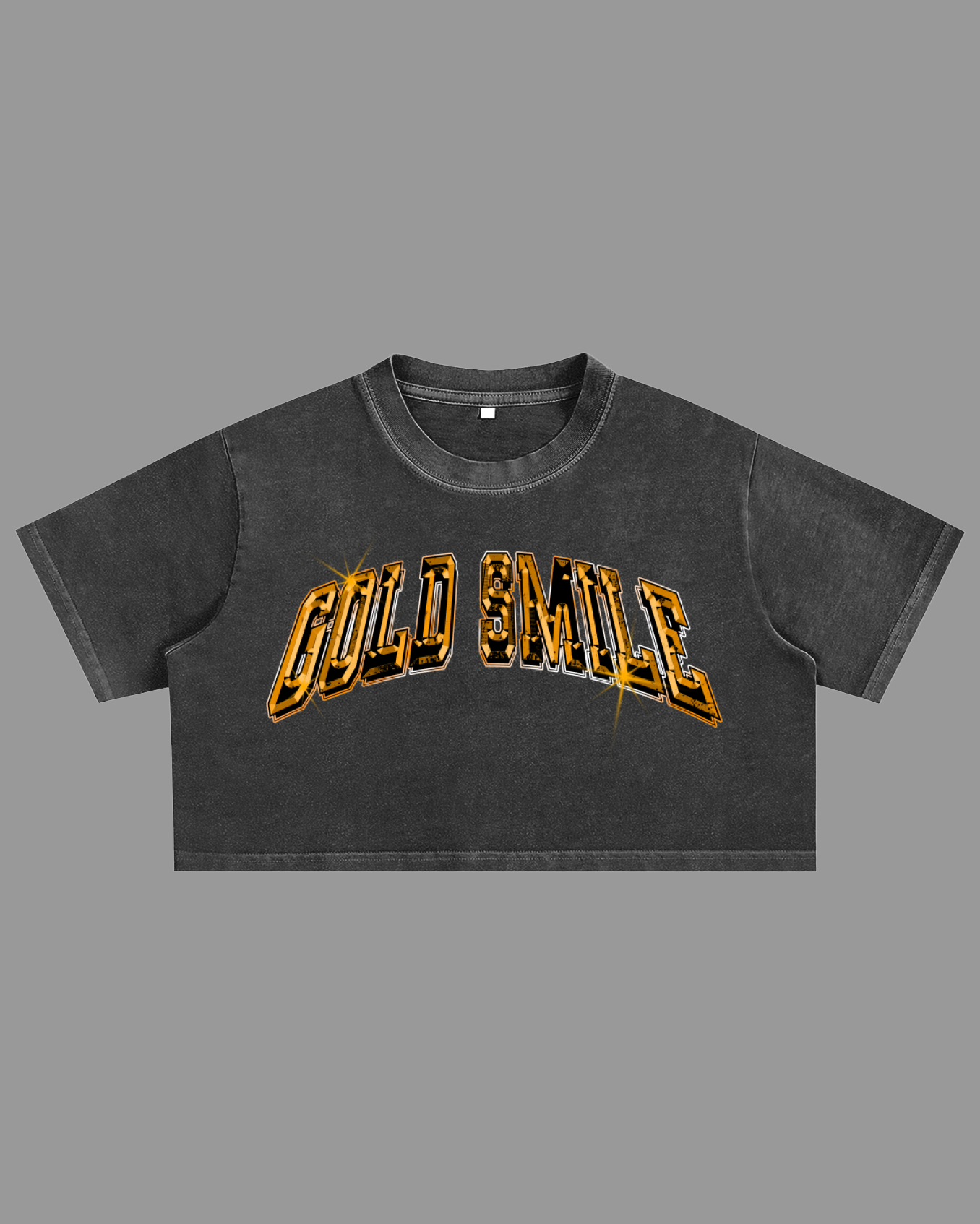 Black crop top with 'Gold Smile' text on a gray background