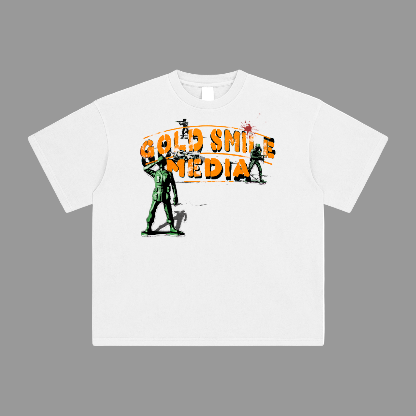 White t-shirt with 'Gold Smile Media' graphic design on a white background
