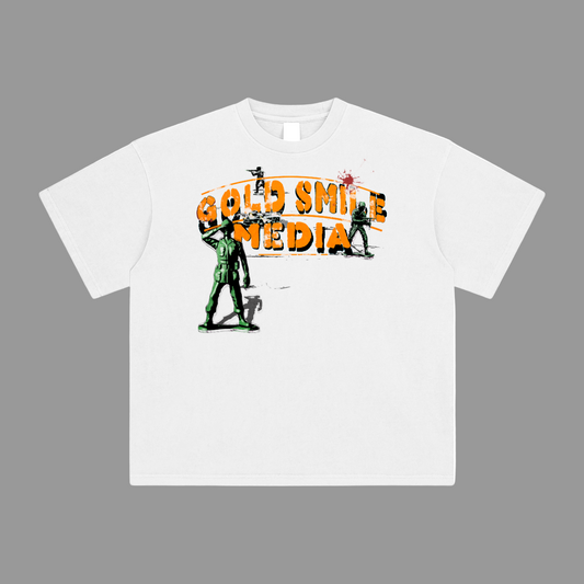 White t-shirt with 'Gold Smile Media' graphic design on a white background
