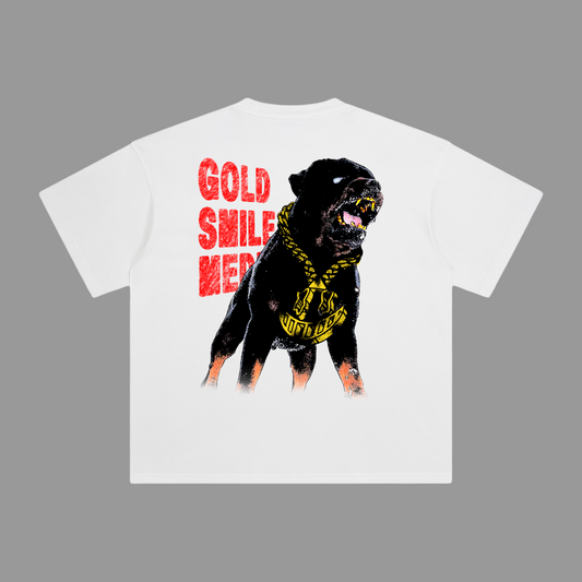 White t-shirt with a graphic of a dog and text 'Gold Smile Media'