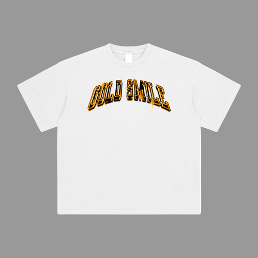 White t-shirt with 'Gold Smile' text