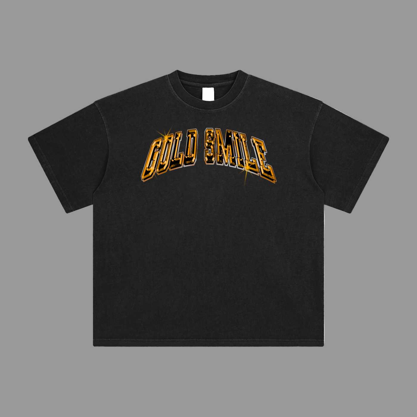 Black t-shirt with 'GOLD SMILE' text 
